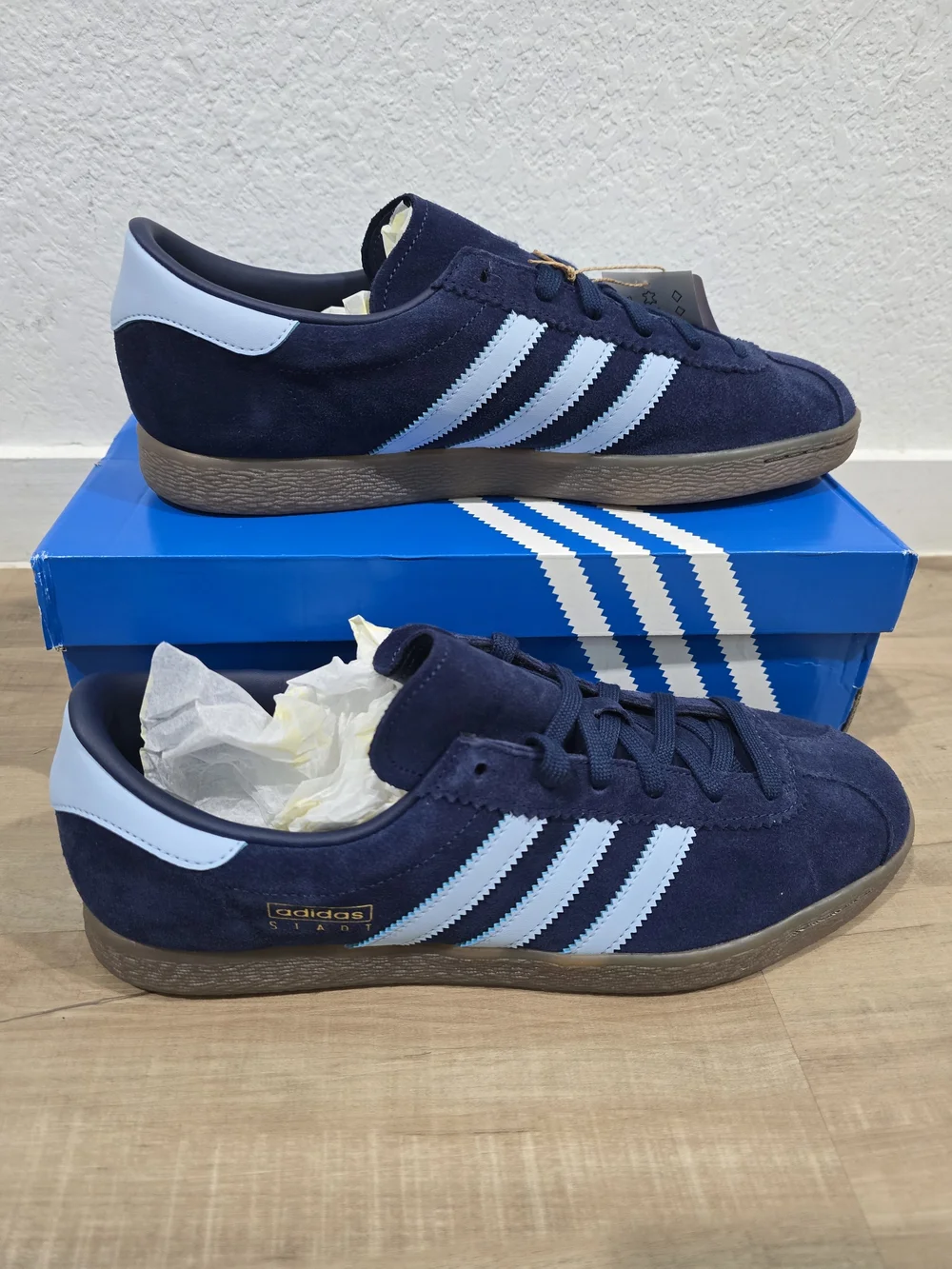 adidas Men’s Gazelle Suede Sneakers in Navy with Light Blue Stripes